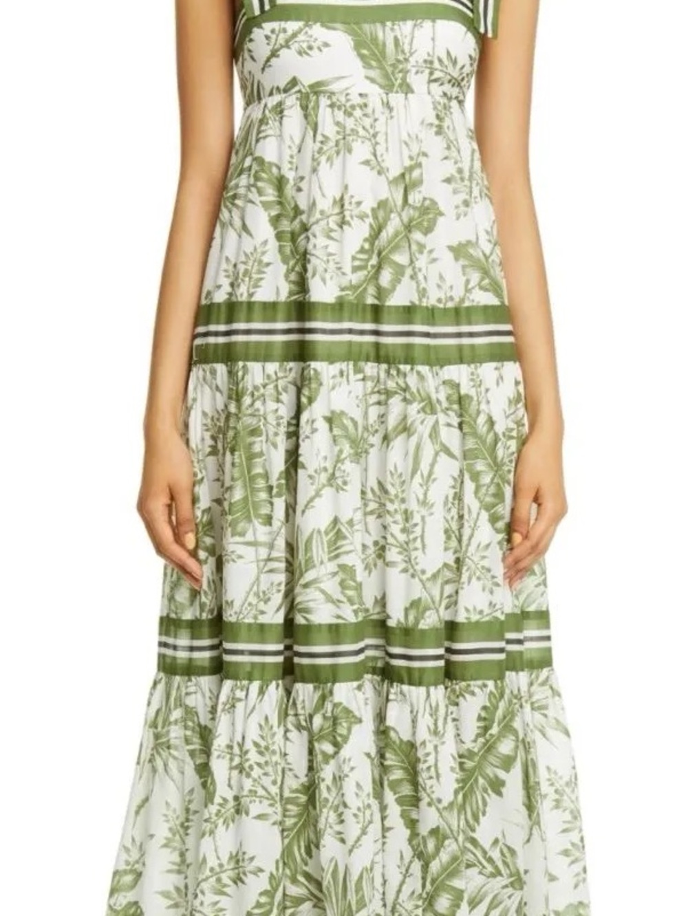 Sweet Wanderer Green and White Leaf-Print Tiered Maxi Dress Vacation Beachy